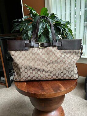 GUCCI GG Monogram Buckle Tote Bag, Taupe, Brown